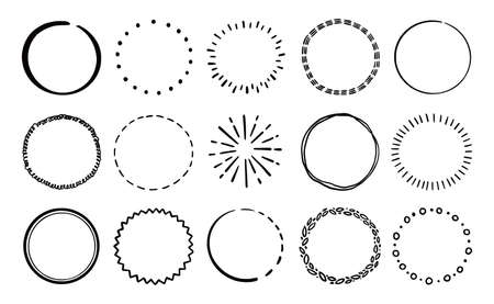 Hand drawn circle line badge set. Rustic, grunge style circle badge for frame, label, burst border. Vector illustration. Drawn brush scribble line.のイラスト素材