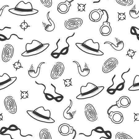 Detective seamless pattern. Hand drawn sketch doodle style crime background. Footprint, fingerprint, magnifier detective investigation pattern. Vector illustration.のイラスト素材