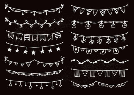 Party garland set with flag, bunting, pennant on chalkboard. Hand drawn sketch doodle style garland. Vector illustration for birthday, festival, carnival drawn decoration.のイラスト素材