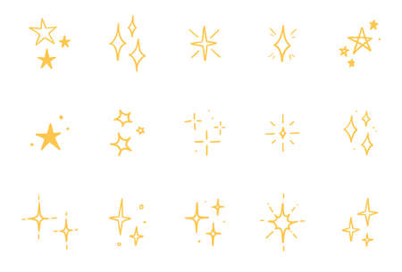 Line star glitter shine of doodle set. Star shine glow, spark glitter, sparkle light vector illustration. Hand drawn sketch doodle style.のイラスト素材