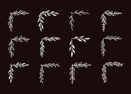 Corner flourish border set on black chalkboard. Hand drawn doodle style corner with rustic floral element. Vector illustration border.のイラスト素材