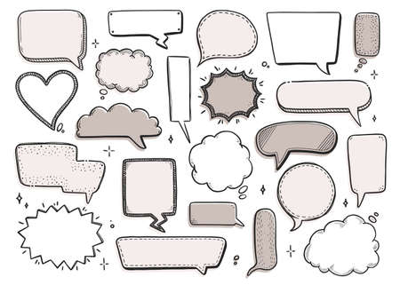 Comic speech bubble set with round, star, cloud shape. Hand drawn sketch doodle style. Vector illustration speech bubble chat, message element for quote text.のイラスト素材