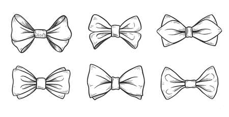 Tie bow doodle sketch. Hand drawn sketch vintage ribbon neck bow for wedding, fashion element. Isolated vector illustration.のイラスト素材