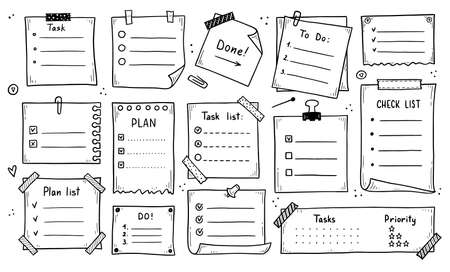 Doodle checklist set. To do, task list with check mark vector illustration. Hand drawn sketch style memo page.のイラスト素材