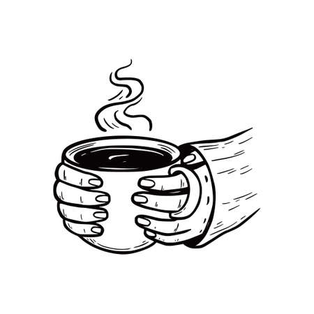 Woman hand hold hot winter drink cup. Warm coffee, tea, chocolate concept. Hand drawn sketch style. Drink christmas mug. Vector illustration.のイラスト素材