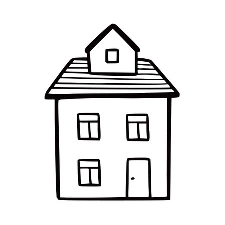 Hand drawn cute house. Doodle sketch style home. House building with window, roof. Vector illustration for home icon.のイラスト素材
