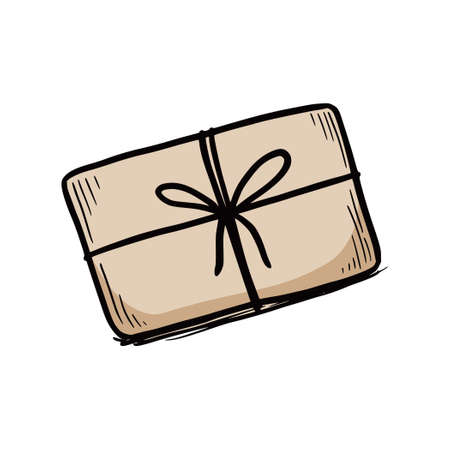 Hand drawn gift box with craft paper, top view. Sketch doodle style. Box isolated vector illustration.のイラスト素材