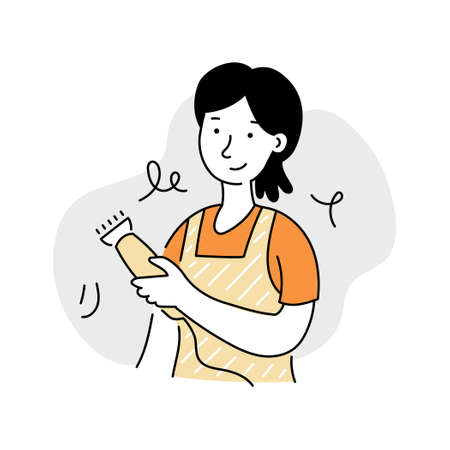Hairdresser woman character with professional tool and apron. Design for haircut salon icon or sticker. Doodle line style.のイラスト素材