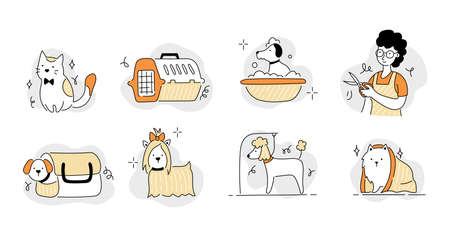 Pet grooming salon icon set. Cute dog beauty grooming salon, wash, care hair of pet. Doodle line style animal and character. Vector illustration.のイラスト素材