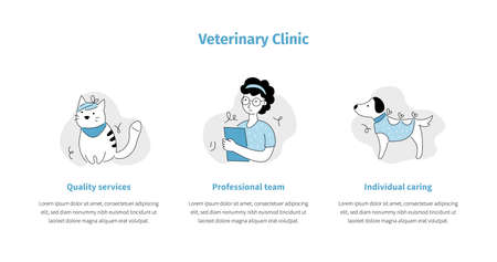 Pet veterinary clinic line icon set for mobile app, web template. Sick pet, animal, cat, dog for veterinarian sticker template. Doodle line style animal and character. Vector illustration.のイラスト素材