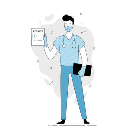 Medical covid test positive result. Doctor character hold clinic test result document. Hand drawn line doodle style. Isolated vector illustration.のイラスト素材