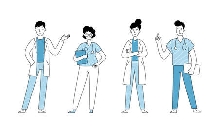 Medical doctor doodle line character set. Doctor team. Medical staff doctor and nurse group. Vector illustration isolated.のイラスト素材