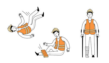 Injured worker fall accident set. Line drawn doodle style character. Man with builder uniform and helmet. Industry work risk and health safety concept. Vector illustration.のイラスト素材