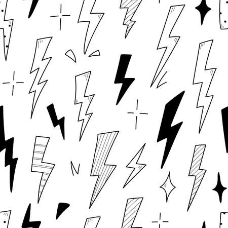 Lightning doodle thunderbolt seamless pattern. Hand drawn doodle sketch style. Electric flash energy bolt background. Vector illustration.のイラスト素材
