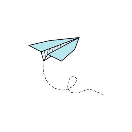 Paper airplane vector icon. Doodle outline style blue color paper airplane. Simple origami aircraft element. Drawing doodle vector illustration.のイラスト素材