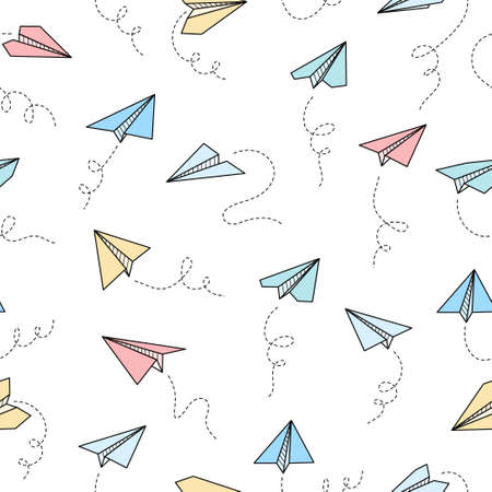 Paper airplane vector seamless pattern. Doodle outline style paper airplane background. Simple origami aircraft seamless pattern. Drawing doodle vector illustration.のイラスト素材