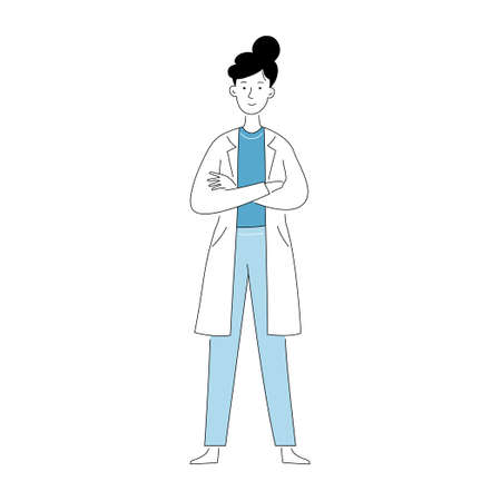 Medical consultant, female doctor doodle character. Line cartoon style. Therapist person. Vector illustration isolated.のイラスト素材