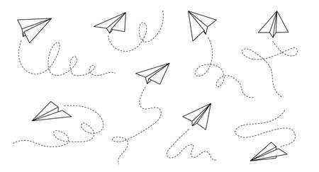 Paper airplane vector icon. Doodle outline style paper airplane. Simple origami aircraft element. Drawing doodle vector illustration.のイラスト素材