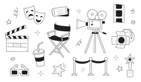 Movie, cinema doodle icon illustration. Doodle hand drawn sketch style movie elements, popcorn, video camera, clapperboard. Vector line illustration.のイラスト素材