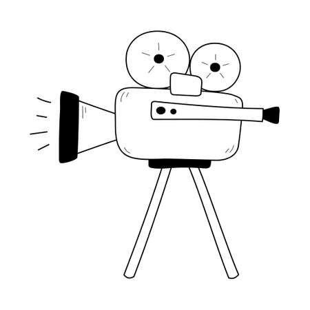 Retro video camera line icon. Old camera isolated doodle drawing element. Vector illustrationのイラスト素材