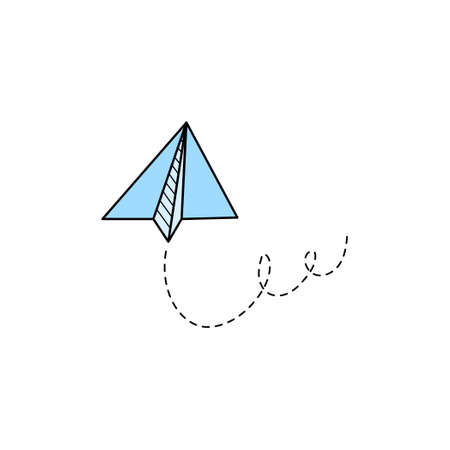 Paper airplane vector icon. Doodle outline style blue color paper airplane. Simple origami aircraft element. Drawing doodle vector illustration.のイラスト素材