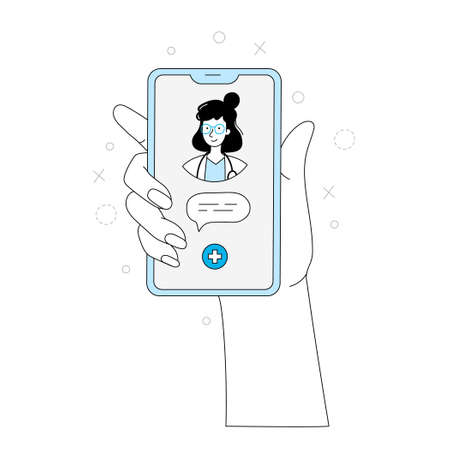 Online doctor, virtual medicine illustration. Female doctor outline doodle style. Phone medicine app, online clinic, mobile pharmacy service vector illustration.のイラスト素材