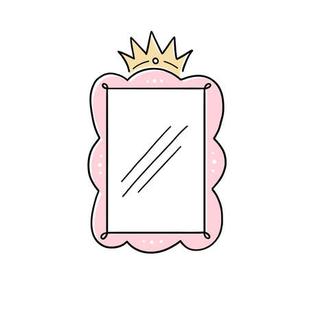 Princess crown mirror frame. Hand drawn doodle mirror with crown for baby princess decorate border. Vector illustration.のイラスト素材