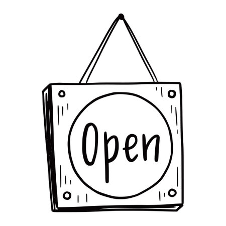 Hand drawn open sign element. Doodle sketch style. Shop door or window open label icon. Vector illustration.のイラスト素材