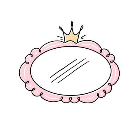 Princess crown mirror frame. Hand drawn doodle mirror with crown for baby princess decorate border. Vector illustration.のイラスト素材