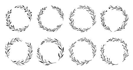 Wreath leaf circle border frame. Hand drawn doodle sketch style. Floral circle frame, flourish design element for wedding, greeting card. Vector illustration.のイラスト素材