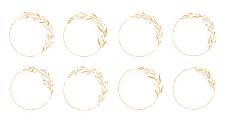 Gold circle frame, elegant wreath round border. Hand drawn doodle sketch style. Floral circle frame, flourish design element for wedding, greeting card. Vector illustration.のイラスト素材