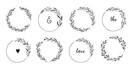 Wreath leaf circle border frame. Hand drawn doodle sketch style. Floral circle frame, flourish design element for wedding, greeting card. Vector illustration.のイラスト素材