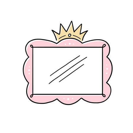 Princess crown mirror frame. Hand drawn doodle mirror with crown for baby princess decorate border. Vector illustration.のイラスト素材