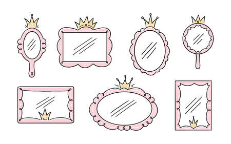 Princess crown mirror frame. Hand drawn doodle mirror with crown for baby princess decorate border. Vector illustration.のイラスト素材