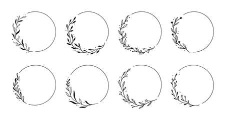 Wreath leaf circle border frame. Hand drawn doodle sketch style. Floral circle frame, flourish design element for wedding, greeting card. Vector illustration.のイラスト素材
