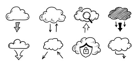 Doodle data server cloud set. Hand drawn sketch style cloud, arrow for internet database, digital storage concept. Vector illustration.のイラスト素材