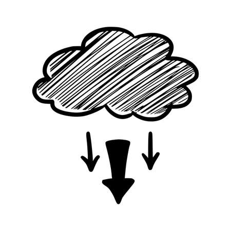 Doodle data server cloud. Hand drawn sketch style cloud, arrow for internet database, digital storage, download technology concept. Vector illustration.のイラスト素材