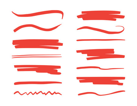 Red brush stroke underline. Marker pen highlight stroke. Vector swoosh brush underline set for accent, marker emphasis element.のイラスト素材