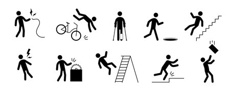Accident pictogram man icon. Ladder falling, injury leg, bike accident pictogram sign set. Warning, electric shock, danger icon stick man vector illustration.のイラスト素材