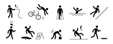 Accident pictogram man icon. Slipping fall, bike accedent, electric shock pictogram sign set. Warning, danger icon stick man vector illustration.のイラスト素材