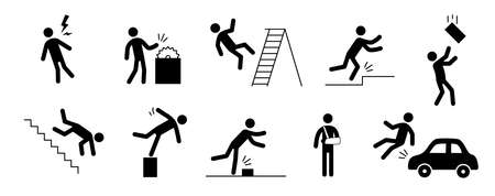 Accident pictogram man icon. Work safety, injury caution, hazard pictogram sign set. Warning, danger icon stick man vector illustration.のイラスト素材