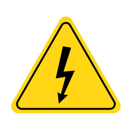Electric shock danger icon. High voltage shock caution sign with electric lightning. Warning, danger, yellow triangle sign. Vector illustration.のイラスト素材