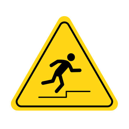Mind your step icon. Trip, stumble caution sign with fall pictogram man. Warning, danger, yellow triangle sign. Vector illustration..のイラスト素材