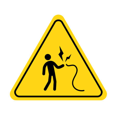Shock danger icon. Voltage shock caution sign with electric lightning pictogram man. Warning, danger, yellow triangle sign. Vector illustration.のイラスト素材