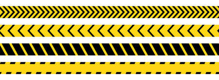 Caution, safety tape. Yellow, black stripe danger tape for atterntion, hazard ribbon. Police, construction area sign banner, barrier symbol. Vector illustration.のイラスト素材