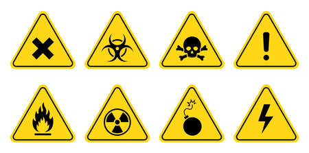 Danger, warning sign icon set. Poison, toxic, biohazard caution sign. Skull, chemical danger yellow triangle symbol element. Vector illustrationのイラスト素材