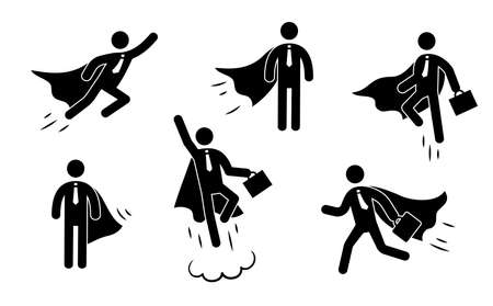 Superhero business pictogram man icon set. Superhero businessman flying stick figure. Victory worker, employer pictogram person. Vector illustration.のイラスト素材