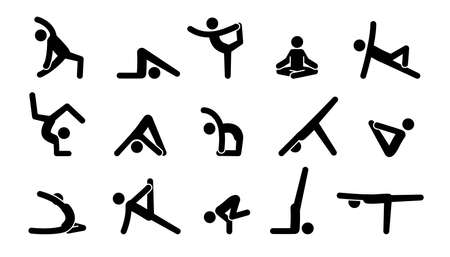 Yoga pictogram icon people. Yoga pose, meditate practice, sport exercise pictogram man set. Health, meditate symbol. Vector illustration.のイラスト素材