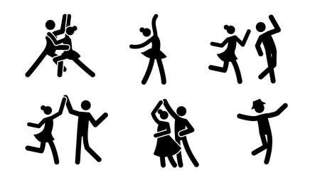 ..Pictogram dancer stick figure icon set. Black pictogram party dancing people, tango couple, ballet woman. Vector illustration.のイラスト素材