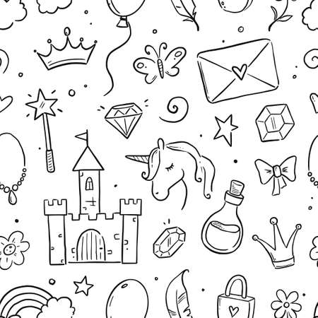 Hand drawn princess doodle seamless pattern. Beauty pattern with cute girl princess accessories, fairy unicorn, castle. Doodle background, wallpaper. Vector illustration.のイラスト素材